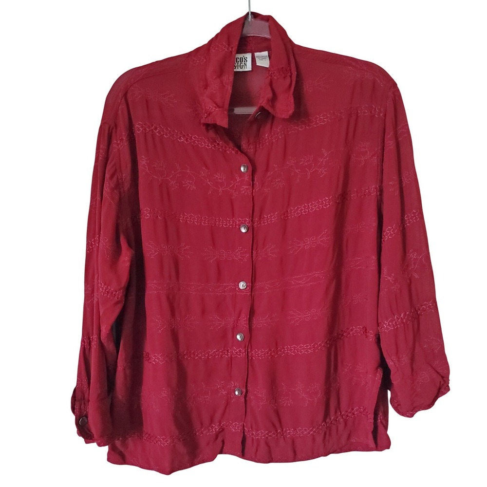 Chico's 1 Red Embroidered Button‎ Up Top Shirt Women's Medium Rayon Bohemian